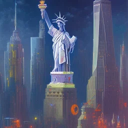 Steampunk scene of futuristic Liberty Statue of New York, masterpiece ,galaxian sci-fi portrait ,in the style of John Berkey