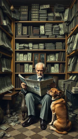 Bosch painting style nightmare, a rich man surrounded by a walls of money on the shelfs , sitting alone reading a newspaper , a dog is sitting beside him