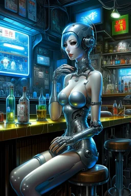 A digital painting by Kuniyoshi and Hajime Sorayama of a beautiful gynoid inside a cyberpunk bar.