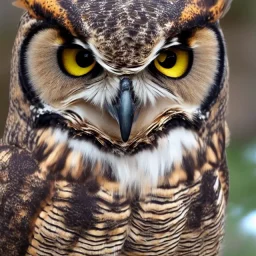 great horned owl (Bubo virginianus) with a small, toothless beak, red eye markings, dark brown body feathers and purple chest feathers with shuriken markings resembling a ninja's vest. The tips of its brow feathers as well as its claws are purple while its tail feathers and the markings on the ends of its wings are red.