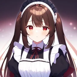 Clear focus, High resolution, Rough line, cute, anime style, red eyes, sparkling eyes, brown hair, red eyes, wearing a maid outfit, long twin tails, long bangs,choppy long bangs