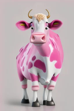 A cartoon character in Pixar mixed with Disney style, a detailed realistic pink cow, white paper background
