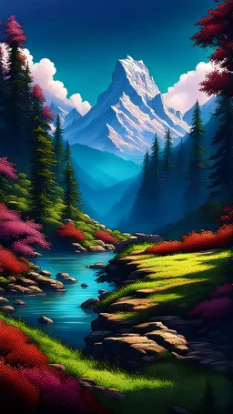 "Immerse in a breathtaking cinematic landscape - a majestic mountain peak adorned with lush forests and vibrant grass, against a backdrop of an azure sky. Experience the awe-inspiring colors with heightened accuracy, as nature's beauty unfolds before you. Enter a realm where every hue comes alive, crafting an unforgettable visual symphony. Surrender to the enchantment of this captivating scenery."