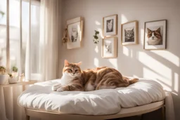 Lifelike cat-shaped bed with a cat lying on it in an elegant bedroom, bedside table, window, pictures on the walls in sunlight.