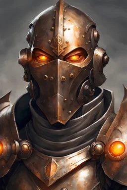 A warforged cleric, with orange eyes, wearing bronze knight armor, medieval style, dungeons and dragons, with a mouth hole