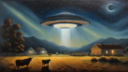 Oil painting of a UFO abducting a cow from a farm at night