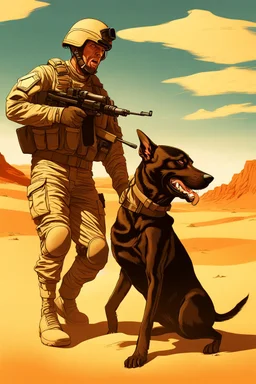 A soldier dog dressed in military combat uniform fighting another soldier dog in the hot desert landscape, digital illustration portrait, dog's face is snarling, aggressive, angry, Craig Miller , futuristic, pulp fiction graphic novel style, hyperrealism, photorealism