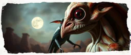 3d airbrush render, magpieelf vampire alien dodo , pinhole cam, airbrush 3d rendering, in the style of Titian and Dali , torn edges on border