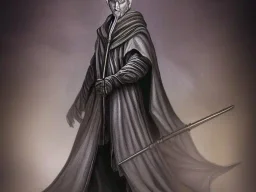 Tall Wizard, dark broody, long staff in hand, grey cloak, photorealistic