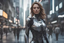 A hyper-realistic, A robotic woman with a mix of human and machine features, standing in a futuristic cityscape., Photo Real, 64k