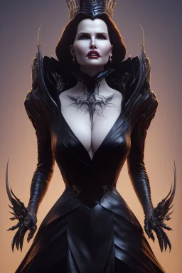 Geena Davis as evil queen in black leather gown, evil, busty, cleavage, curvy, angry, stern look. character design by cory loftis, fenghua zhong, ryohei hase, ismail inceoglu and ruan jia. unreal engine 5, artistic lighting, highly detailed, photorealistic, fantasy