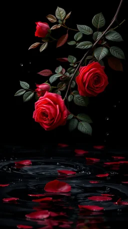 The image is a digital artwork that depicts a branch of tree of Red roses and leaves tangling in to a water in the river with aThe rose floats on the surface of the water, creating a wave-like effect. The background is black, which makes a branch of a tree of red roses stand out even more. Water droplets are scattered adding to the dreamy, ethereal quality of the image.all leaves and background are red