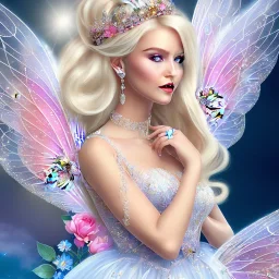 fantasy fairy with transparent wings, smiling, make up, long platinum blond hair with crown and flowers, blue eyes, pink dress