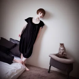 Realistic photo Russian shorthair beautiful 20-years tomboy boyish boylike young wife wide hips in bedroom black nightgown