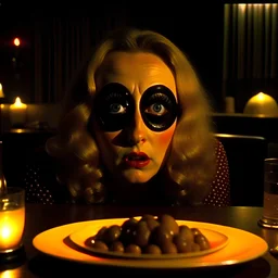 Spooky, ultra realistic distress, dining, ultra realistic hot woman, giant eye, organic hot bondes, dynamic, anguish, excited and lively scene, hypermaximalist figures, Creepy the Ring Alfred Hitchcock, Sam Raimi, insanely detailed, sinister, John Carpenter, Dario Argento, ornate