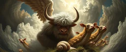 angry god in heaven suffering through a pinhole cam picture of heavenly fluffy elevated messed up woodland elongated slimy cow snail and ad & d monster creatures flock painted by Nerdrum and Rembrandt