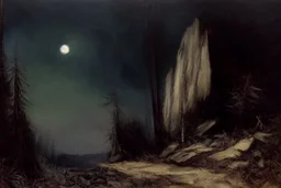 night, forest, cliff, 2000's gothic horror movies influence, friedrich eckenfelder and willem maris impressionism paintings