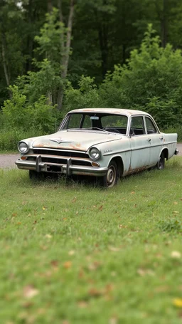 an abandoned old car with no tires and no engine and