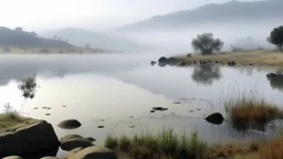 SA wide shot of a lake with a rocky shoreline under a foggy sky. The lake is calm and reflects the sky, with some tall grass growing near the edge. A large pile of rocks forms a barrier or dam along the right side of the frame, sloping upwards. Several people are sitting or standing on the rocks near the water's edge. In the distance, mountains are visible through the fog. Streetlights line the top of the rocky barrier, disappearing into the fog. The color palette is muted, with shades of gray,