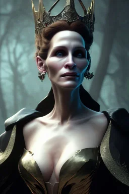 Julia Roberts as evil queen in black leather gown, evil, busty, cleavage, curvy, angry, stern look. character design by cory loftis, fenghua zhong, ryohei hase, ismail inceoglu and ruan jia. unreal engine 5, artistic lighting, highly detailed, photorealistic, fantasy