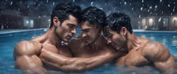 hyper realistic extremely shirtless muscular handsome short black hair men hugging in a swimming pool at snowfall night