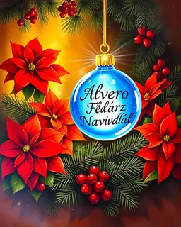 Christmas scene, with a bright blue Christmas ornament with the inscription ((("Alvaro"))) ((("Felíz Navidad"))). The ornament radiates light and stands out brightly among a vibrant arrangement of red poinsettias, clusters of red berries, and pine branches. Warm and welcoming atmosphere, with a background that combines golden and dark tones. The artwork captures the essence of the Christmas season.