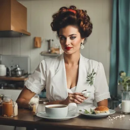 In this image, we see a woman with curlers in her hair, holding a cup of coffee and smoking a cigarette. She appears to be in a relaxed setting, possibly at home. The woman''s face is visible, showcasing her calm expression. In the background, there is a plate of food with someone pouring milk on it. Additionally, there is a ring, a cup, a plate, and a vase scattered around the scene. The colors in the image are primarily earthy tones, with accents of dark brown and white. The overall vibe is co