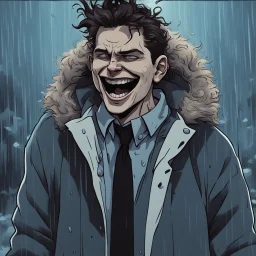 a closeup of a psychopathic young man with white eyes in a heavy coat during a rainstorm laughing cartoon