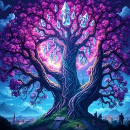retro anime style, serious 1990s OVA anime style,Best quality, masterpiece, ultra high definition,Highly detailed painted anime final fantasy artwork style, Giant tree, gorgeous shiny crystal tree Yggdrasil, at the bottom medieval fantasy city