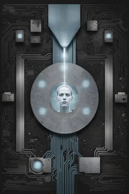 montage a black and white art with center an pale human face, minimalism, fall, rise, floating in an hour-long pale blue plasma funnel with no end in sight, digital dark walls, with complex codes, programming language, numerical numbers, metallic lines, chips, silver circuits, dark colors, the creepy image of a transhuman future. in center a pale human face, On the walls, neon light abstract and geometric shapes, digital art, futurists, splash art, abstract, surreal mode, minimalism