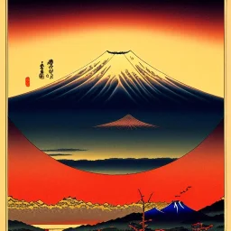 Ukiyo-e painting of a mount fuji at sunset