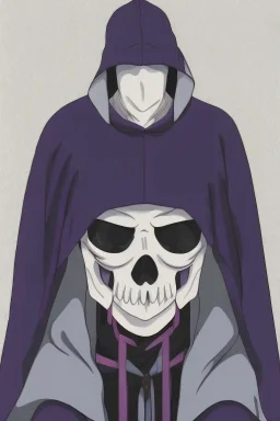 Hooded man in white skull mask wearing dark black and purple coloristic coat