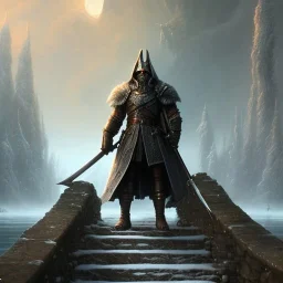 fantasy art, book cover, big shiny wizard with an axe in hadn, in front of the ebony stairs of a bridge or dam ,icy water, on the bridge is a wolf, there is also a hawk sitting on his shoulder