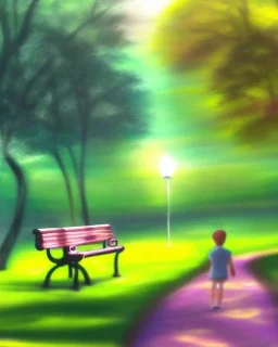 park mystical dream, park bench, man, woman, child, dog, trees, path, bird, sunshine, mystical, fantasy, romanticism, pastel colors, daylight, daytime, acrylic painting, detailed, soft focus,