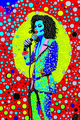 colorful Illustration of a michael jackson microphone in hand and looking at the camera. Polka dots in the background. by munch