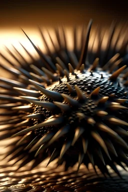 black spiky sea urchin underwater, sunlight, full view no crop, beautiful composition, blurred foreground, very detailed, realistic composition, drawn anime manga art style