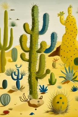 A pale yellow desert with cactus designed in German folk art painted by Joan Miro