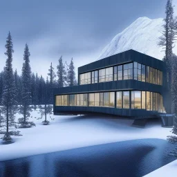 luxury home on a lake in the snowy mountains