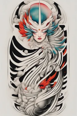 Create a captivating modern 2d colorfull ink tattoo design for print , using the elegant influences of japan art style, for print, dynamic elements from fashion and design, and bold Japanese contemporary art aesthetics, framing centered in the center, distanced from the edges of the paper perimeter, perfect anatomy, bauhaus, Divine Proportion,