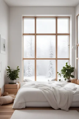 modern, white and light wood, bedroom, minimalism, plants, cozy, winter, window overlooking the winter
