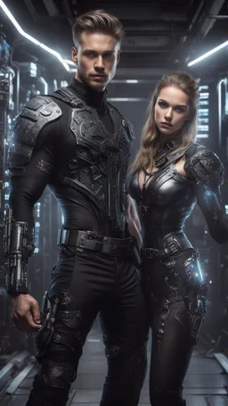 Hyper Realistic Young handsome muscular man with a soul patch wearing a skintight black long sleeve shirt cybernetic armor utility belt has weapons on it dancing with a beautiful-lady wearing-circuit-patterned-gown in an underground control room with cinematic & dramatic ambiance"