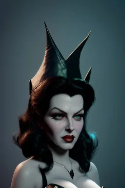 Lana Turner as evil queen in black leather, leather, busty, cleavage, angry, stern look. character design by cory loftis, fenghua zhong, ryohei hase, ismail inceoglu and ruan jia. unreal engine 5, artistic lighting, highly detailed, photorealistic, fantasy