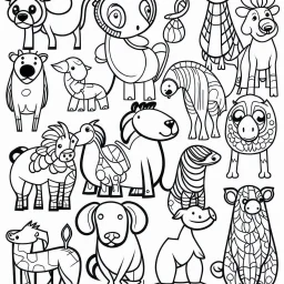 black and white drawing of animals, outlined art bold, coloring book page for kids, simple classic cartoon style, 2D v4 q2