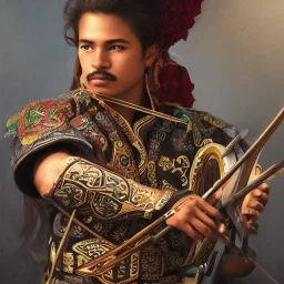 portrait,"Insanely detailed photograph of a mariachi warrior holding crossbow", charo detailed, sequenced Sombrero, detailed D20 flair, digital painting, artstation, concept art, smooth, sharp focus, illustration, art by artgerm and greg rutkowski and alphonse mucha, 8 k