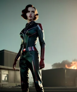 retro sci-fi portrait image from 1960, supermarket parking explosion, fire, classic black widow, young Scarlett Johansson, tight latex suit, superhero marvel, soft color, highly detailed, unreal engine 5, ray tracing, RTX, lumen lighting, ultra detail, volumetric lighting, 3d, finely drawn, high definition, high resolution.