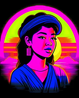 t-shirt design, lata mangeshkar Indian singer, retro sunrise, synthwave