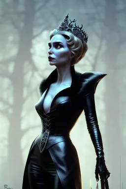 Constance Langdon as evil queen in black leather, leather, busty, cleavage, angry, stern look. character design by cory loftis, fenghua zhong, ryohei hase, ismail inceoglu and ruan jia. unreal engine 5, artistic lighting, highly detailed, photorealistic, fantasy