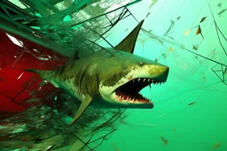 sharky structural glitch, arafed zero-composition, impossible intersection of exploding rusty scrap metal and glass fragments. Arafed tectonic shark geometry with uncanny negative space, Shark storm vibe. Ultrafade random bleak colors: watery pale light green, black, yellow, red. perspective broken, photographic texture but zero logical form. Fragmented, unnerving, anti-symmetry