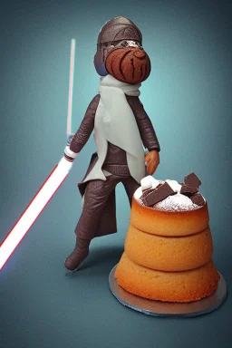 sponge cake filled with chocolate topped with a marzipan Jedi holding a lightsaber