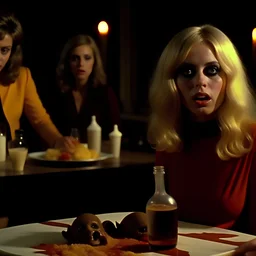 Horror movie shot, hot party, breest, die, ultra realistic, dine, pastel, ultra chaos, fetus, drink, sublime, realistic hot blonde women, pieces of meat, De Chirico, satanism, pieces of organs, light, 1970's Italian horror movie, sinister, ornate, Dario Argento, Caravaggio, 4k, photorealism